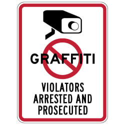 No Graffiti Symbol with Security Camera Violators Arrested and Prosecuted Sign - 18x24 - These Anti-Graffiti Surveillance Signs are Made with Reflective Rust-Free Heavy Gauge Durable Aluminum available at STOPSignsAndMore.com