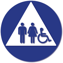 Click here to view larger image ADA Unisex Restroom Door Sign with ISA and Pictograms on White Triangle - 12x12