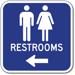 Click here to view larger image Outdoor Rated Aluminum Unisex Restrooms Sign - Left Arrow - 12x12 - Reflective Rust-Free Heavy Gauge (.063) Aluminum Restroom Signs