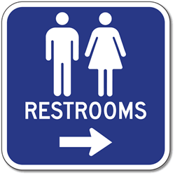 Click here to view larger image Outdoor Rated Aluminum Unisex Restrooms Sign - Right Arrow - 12x12 - Reflective Rust-Free Heavy Gauge (.063) Aluminum Restroom Signs
