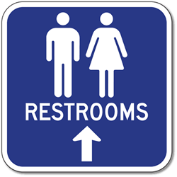 Click here to view larger image Outdoor Rated Aluminum Unisex Restrooms Sign - Ahead Arrow - 12x12 - Reflective Rust-Free Heavy Gauge (.063) Aluminum Restroom Signs