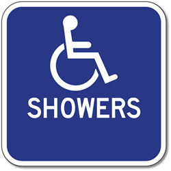 Click here to view larger image Outdoor Rated Aluminum Accessible Showers Sign - With or Without Directional Arrow - 12x12 - Reflective Rust-Free Heavy Gauge (.063) Aluminum Restroom Signs