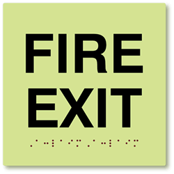 Click here to view larger image ADA Compliant Fire Exit Only Luminous Sign with Raised Text and Grade 2 Braille - 6x6
