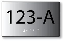 Click here to view larger image Custom ADA Brushed Aluminum Room Number Signs with Tactile Text and Grade 2 Braille - Up to 5 letters or numbers or spaces