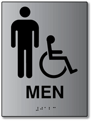 Click here to view larger image ADA Mens Restroom Wall Sign with Male and Wheelchair Pictograms - 6x8 - Brushed Aluminum