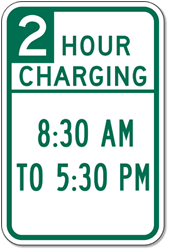 Click here to view larger image Variable Time Limit Charging for Electric Vehicles Parking Sign - 12x18- Reflective Rust-Free Heavy Gauge Aluminum Electric Vehicle Parking and Charging Signs