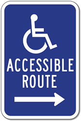 Click here to view larger image Wheelchair Accessible Route Sign - 12x18 - Right Arrow - Reflective Rust-Free Heavy Gauge Aluminum ADA Access Signs