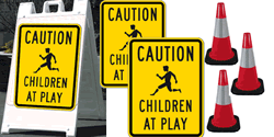 Kit Includes (1) Two-sided A-Frame Sign Holder (2) 18x24 Children At Play Signs and (3) Reflective 18-Inch Tall Traffic Safety Cones with Reflective Collars