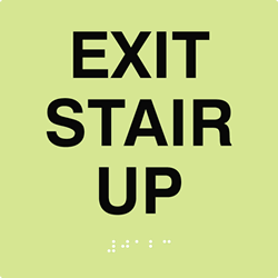 Click here to view larger image ADA Compliant Luminescent Exit Stair Up Sign with Raised Text and Grade 2 Braille - 6x6 size