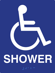 Click here to view larger image ADA Compliant Shower Room Sign with Wheelchair Symbol and Tactile Text and Grade 2 Braille - 6x8