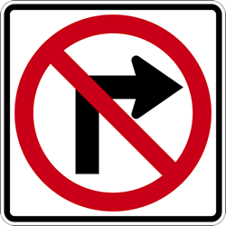 Click here to view larger image R3-1 No Right Turn Symbol Signs - 24x24 - Official MUTCD Reflective Rust-Free Heavy Gauge Aluminum Road Signs