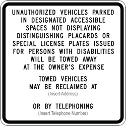 Click here to view larger image Buy the Official New R-100B California Disabled Parking Tow-Away Signs - 24x24 - Reflective Rust-Free Heavy Gauge Aluminum Parking Signs