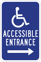 Click here to view larger image Reflective Aluminum Wheelchair Accessible Entrance Signs - Right Arrow - 12x18- Reflective Rust-Free Heavy Gauge Aluminum ADA Access Signs