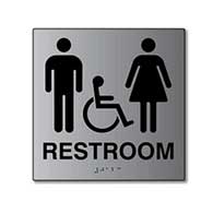 ADA Unisex Restroom Wall Sign with Male, Female and ISA (wheelchair) Pictograms and Tactile Text and Grade 2 Braille- 6x8 - Brushed aluminum is an attractive alternative to plastic ADA signs