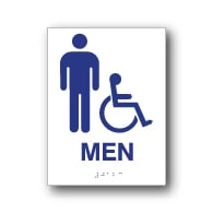 ADA Compliant Mens Restroom Wall Sign on White Rectangle with Wheelchair and Male Symbol - 6x8. Our ADA Restroom Signs meet regulations and will pass Title 24 building inspections