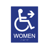 ADA Compliant Wheelchair Access Pictogram Women Restroom Wall Sign with Right Directional Arrow. Tactile Text and Grade 2 Braille Included.
