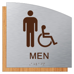 Male ADA Wheelchair   Accessible Restroom Wall Sign in  Brushed Aluminum and Wood Laminates