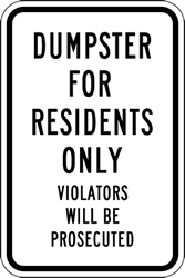 Buy Dumpster For Residents Only Signs - 12x18 - In Stock