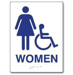 ADA Compliant Womens Restroom Wall Sign on White Rectangle with Wheelchair and Female Symbol - 6x8. Our ADA Restroom Signs meet regulations and will pass Title 24 building inspections