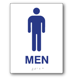 ADA Compliant Mens Restroom Wall Sign on White Rectangle with Tactile Text & Braille - 6x8 - Our ADA Restroom Signs meet regulations and will pass Title 24 building inspections.