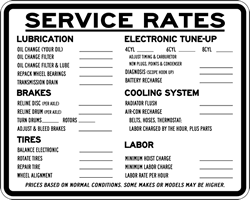 Auto Repair Service Rates Sign - 30x24 - Powder Coated Black on Sturdy and durable White aluminum Auto Repair Signs