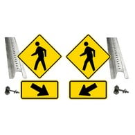 Pedestrian Crosswalk Kit includes (2) MUTCD Compliant 24x24 Reflective Pedestrian Crossing Warning Signs, (2) MUTCD Compliant Reflective Right and Left Arrow Signs, (2) 8-Foot Heavt-Gauge Galvanized U-Channel Sign Posts (4) Pairs Sign Mounting Hardware