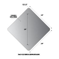 24x24 Diamond Shape .063 gauge aluminum blanks with 1.5-inch corner radius and 3/8-inch holes at top and bottom center at 1.5-inches from edge.