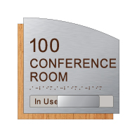 Custom Conference Room Number and Name Sign with In-Use Slide - 8.5 x 8.5 - Brushed Aluminum and Wood Laminates