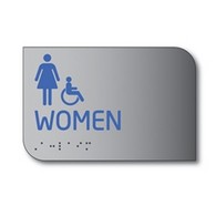 Designer ADA Womens Restroom Wall Sign with Female and Wheelchair Pictograms and Tactile Text and Grade 2 Braille- 6x4 - Brushed aluminum is an attractive alternative to plastic ADA signs