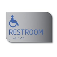 Designer ADA Unisex Restroom Wall Sign with Male, Female and ISA (wheelchair) Pictograms and Tactile Text and Grade 2 Braille- 6x8 - Brushed aluminum is an attractive alternative to plastic ADA signs