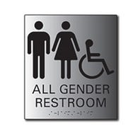 ADA All Gender Signs Restroom Wall Sign with Male, Female and ISA (wheelchair) Pictograms and Tactile Text and Grade 2 Braille- 6x8 - Brushed aluminum is an attractive alternative to plastic ADA signs