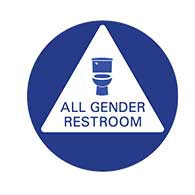 All gender restroom door sign white triangle on blue background, toilet pictogram