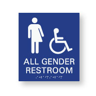 American Made High Quality ADA All Gender Restroom Wall Signs with ISA Symbol Tactile Text and Grade 2 Braille - 8x9 size.