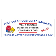 Full Color Custom Advertising Banners - Choose Your Size. Buy Custom Advertising Banners - Full-Color - Perfect for Retail Stores, Car Dealerships, Super Markets and Small Businesses.