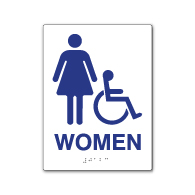 ADA Compliant Womens Restroom Wall Sign on White Rectangle with Wheelchair and Female Symbol - 6x8. Our ADA Restroom Signs meet regulations and will pass Title 24 building inspections