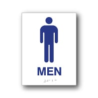 ADA Compliant Mens Restroom Wall Sign on White Rectangle with Tactile Text & Braille - 6x8 - Our ADA Restroom Signs meet regulations and will pass Title 24 building inspections.