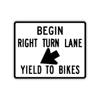 R4-4 Begin Right Turn Lane Yield to Bikes Sign - 30x24. Made with High Intensity Prismatic (HIP) Reflective Sheeting and Rust-Free Heavy Gauge Aluminum from STOPSignsAndMore.com