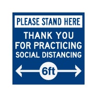 Floor Label - Social Distancing Please Stand Here - 12x12 (Pack of 3). Digitally printed on rugged low-tac vinyl using latex inks with a peel-off self-adhesive backing.