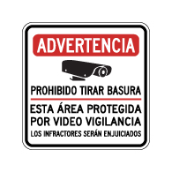 Spanish Warning No Dumping This Area Protected By Video Surveillance Sign - 18x18. Made with 3M Reflective Rust-Free Heavy Gauge Durable Aluminum available at STOPSignsAndMore