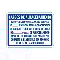 Spanish Vehicle Storage Charges Sign - Single-Faced - 24x18 - Non-Reflective, Heavy-Gauge Rust-Free Aluminum Auto Repair Rates Sign