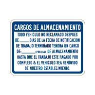 Spanish Vehicle Storage Charges Sign - Single-Faced - 24x18 - Non-Reflective, Heavy-Gauge Rust-Free Aluminum Auto Repair Rates Sign