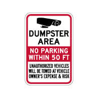 Dumpster Area No Parking Within 50 Ft Sign - 12x18 - Made with Reflective Rust-Free Heavy Gauge Durable Aluminum availble from StopSignsandMore.com