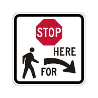 R1-5b Stop Here For Pedestrians Right Arrow Sign - 18x18 - Made with 3M Reflective Rust-Free Heavy Gauge Durable Aluminum available at STOPSignsAndMore.com