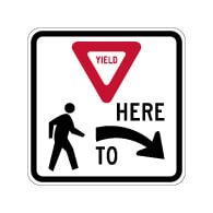 R1-5 Yield Here To Pedestrians Right Arrow Sign - 18x18. Crosswalk Sign Made with 3M Reflective Rust-Free Heavy Gauge Durable Aluminum available at STOPSignsAndMore