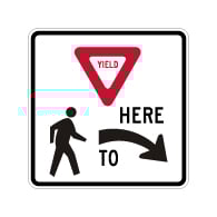 R1-5 Yield Here To Pedestrians Right Arrow Sign - 24x24. Crosswalk Sign Made with 3M Reflective Rust-Free Heavy Gauge Durable Aluminum available at STOPSignsAndMore