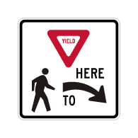 R1-5 Yield Here To Pedestrians Right Arrow Sign - 24x24. Crosswalk Sign Made with 3M Reflective Rust-Free Heavy Gauge Durable Aluminum available at STOPSignsAndMore