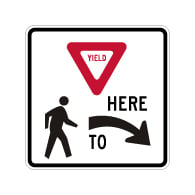 R1-5 Yield Here To Pedestrians Right Arrow Sign - 30x30. Crosswalk Sign Made with 3M Reflective Rust-Free Heavy Gauge Durable Aluminum available at STOPSignsAndMore