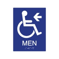 ADA Compliant Wheelchair Access Pictogram Men Restroom Wall Sign with Left Directional Arrow. Tactile Text and Grade 2 Braille Included.