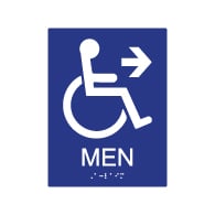 ADA Compliant Wheelchair Access Pictogram Men Restroom Wall Sign with Right Directional Arrow. Tactile Text and Grade 2 Braille Included.