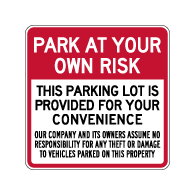 Park At Your Own Risk Parking Lot Sign - 30x30 - Security Parking Lot Signs Made with 3M Reflective Rust-Free Heavy Gauge Durable Aluminum from STOPSignsAndMore.com